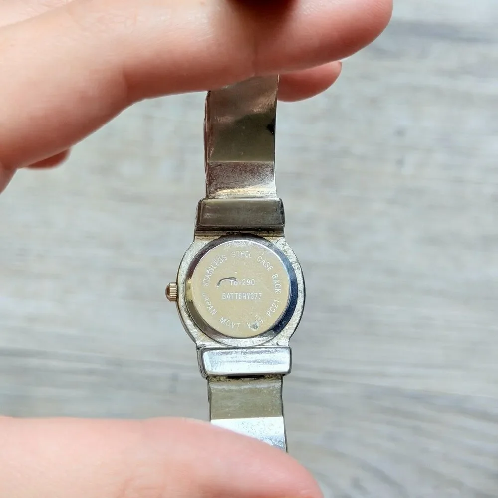 Vintage Silver Tone Cuff Bracelet Watch Floral Stretch Bangle Quartz Antique